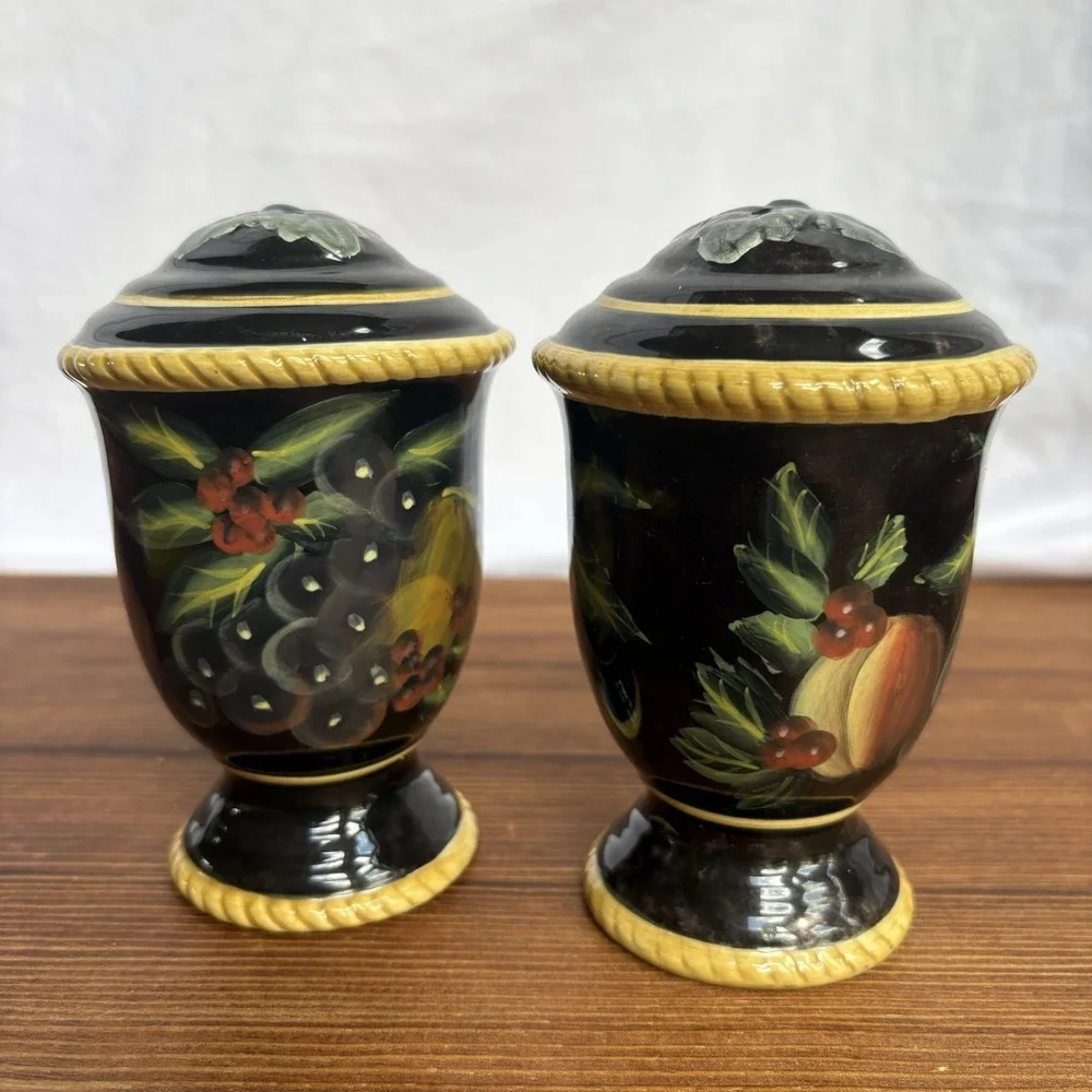 Raymond Waites Hand Painted Salt Pepper‎ Shakers Black Fruit Ceramic Set
